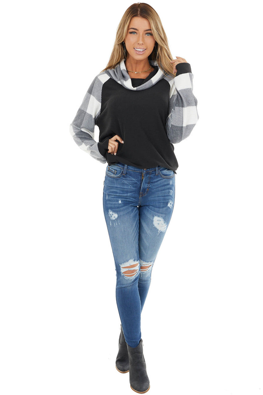 Black Super Soft Cowl Neck Top with Buffalo Plaid Sleeves