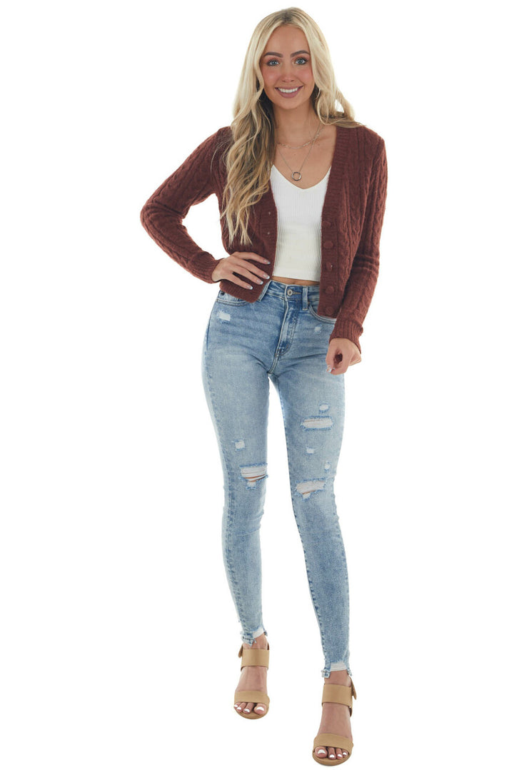 Sangria Button Up Fuzzy Cable Knit Cardigan