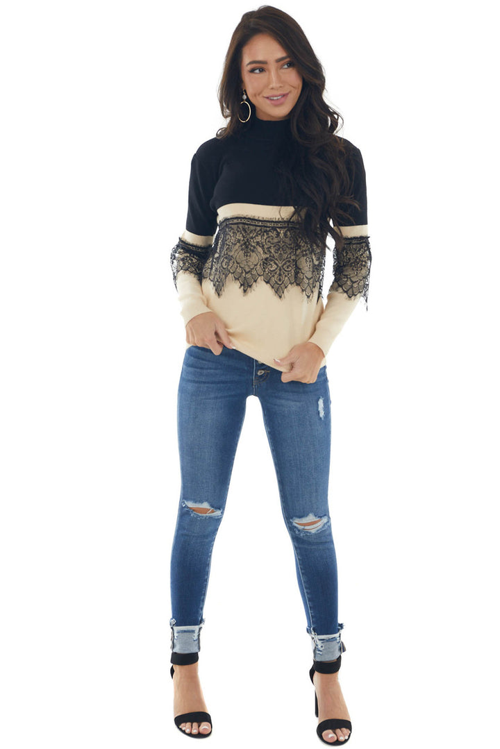 Black and Rich Beige Mock Neck Knit Sweater 