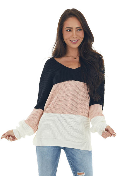 Tea Rose Colorblock Sweater with Twist Back 