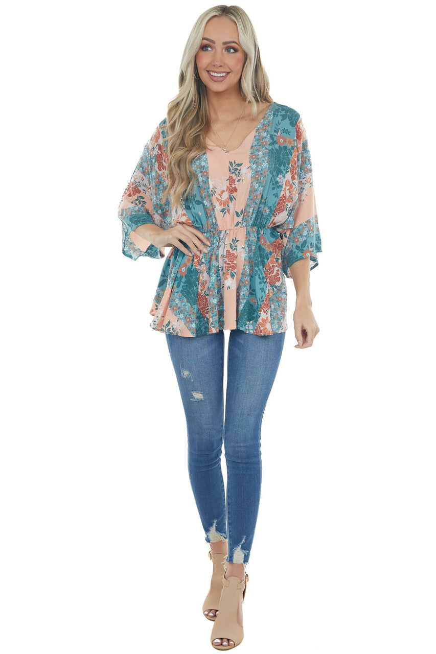 Teal and Peach Floral Multiprint Peplum Top 
