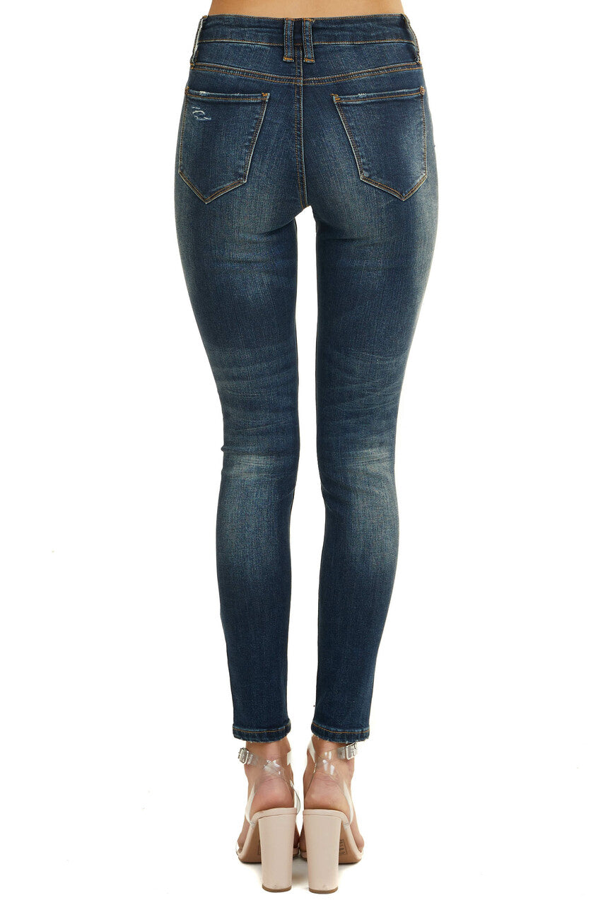 Dark Wash Mid Rise Skinny Jeans with Distressed Cuts