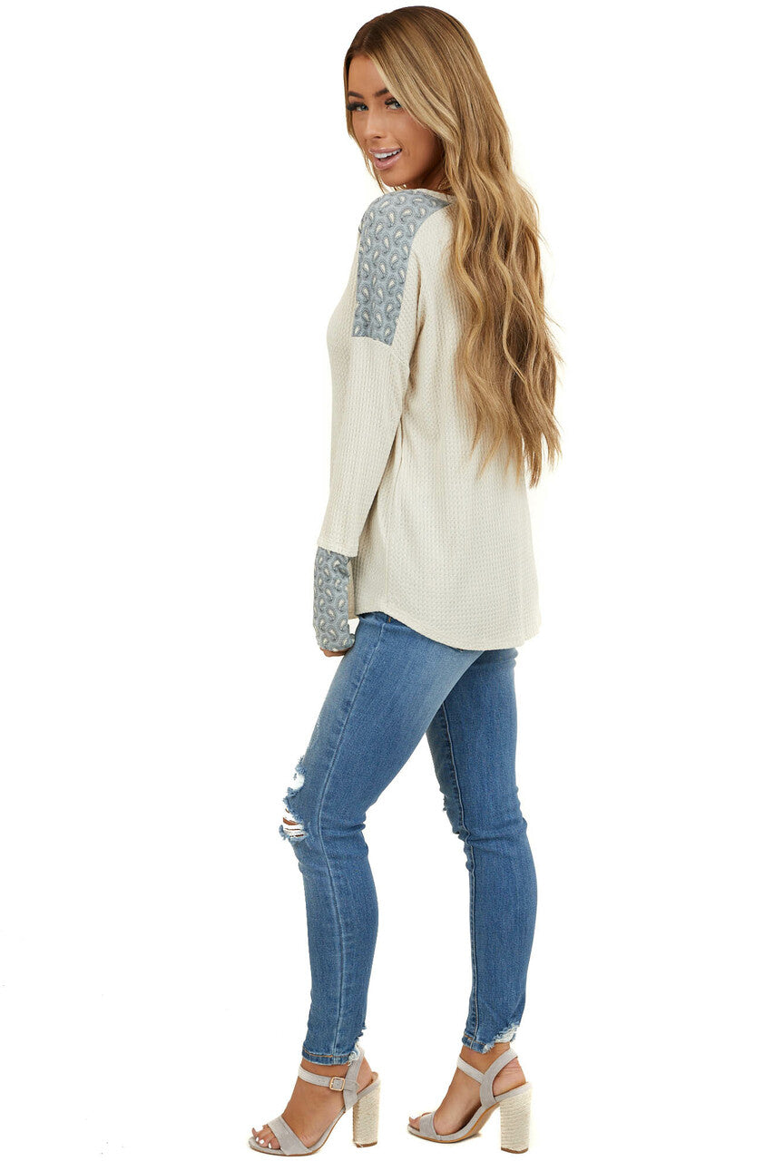 Cream Waffle Knit Top with Blue Paisley Contrast Detail 