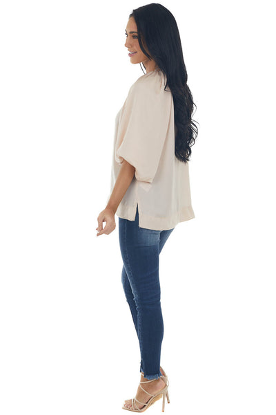 Tea Rose Puff Sleeve Blouse with Side Slits 