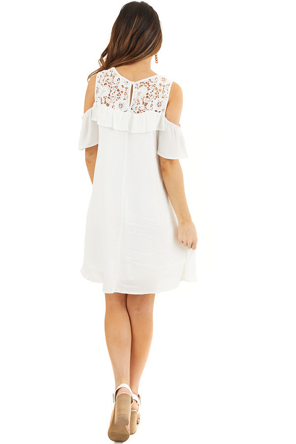 Off White Cold Shoulder Dress with Crochet Lace Yoke Detail back full body