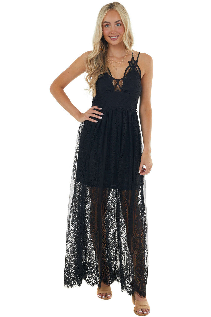Black Lace Maxi Overlay Sleeveless Dress with Plunging Neck