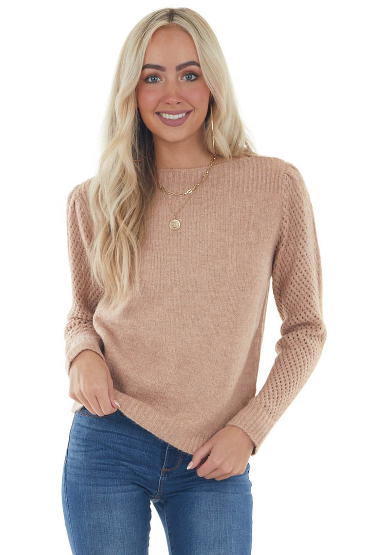 Peach Pink Boat Neck Pointelle Sleeve Sweater 
