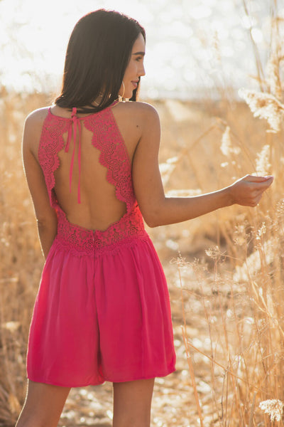 Hot Pink Sleeveless Romper with Lace Peekaboo Waist Detail