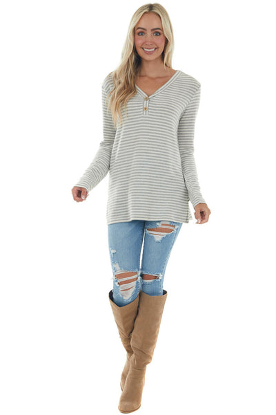 Dove Grey Striped Brushed Knit Button Top