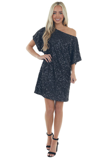 Black Sequined Short Flowy Sleeve Shift Dress