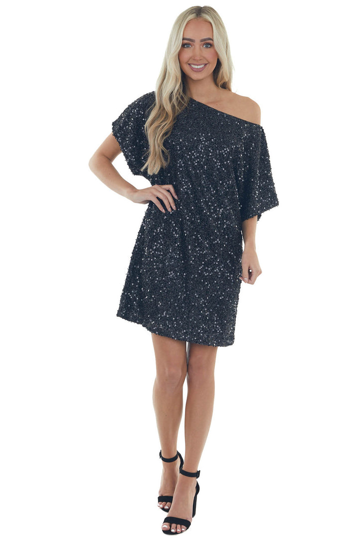 Black Sequined Short Flowy Sleeve Shift Dress