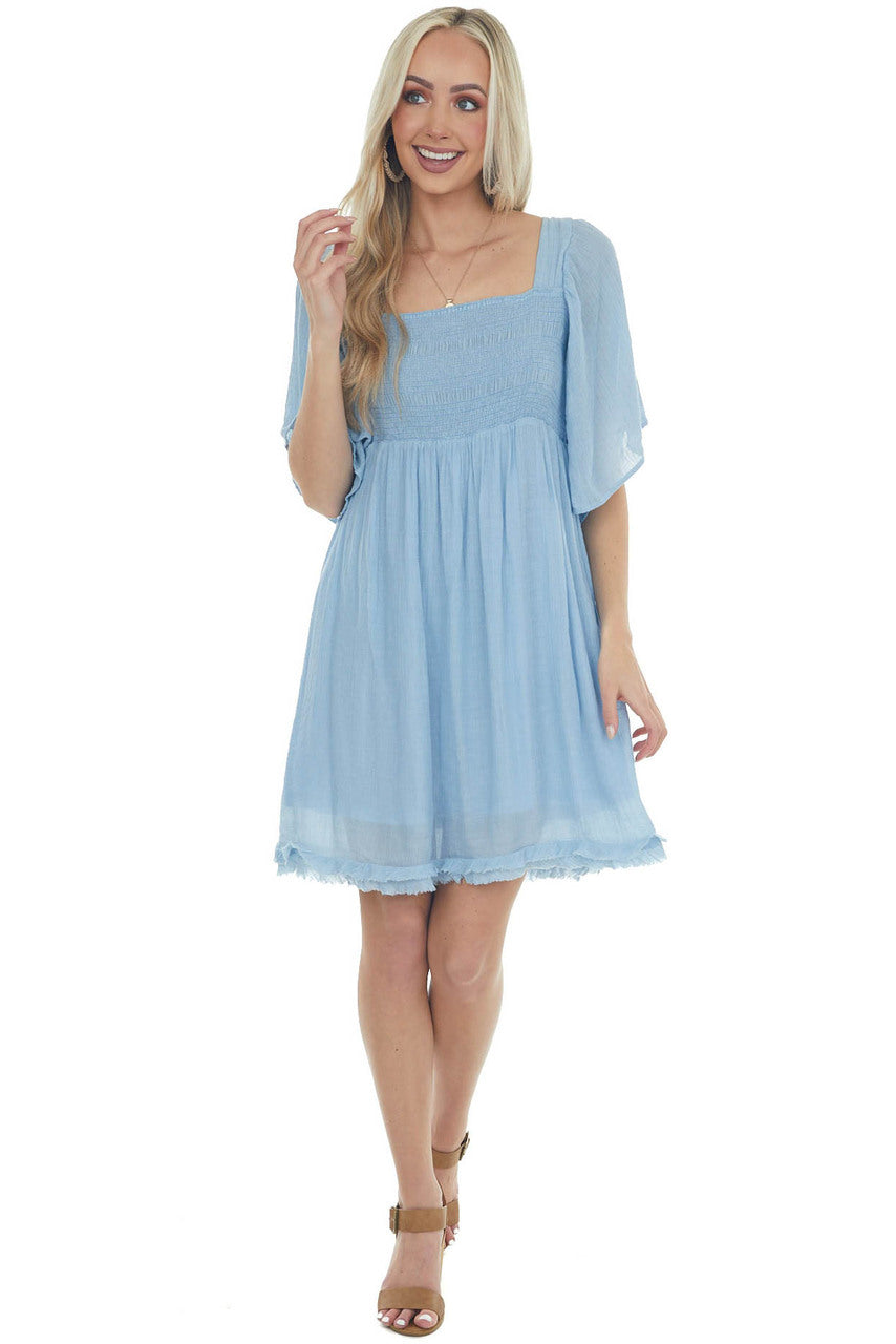 Powder Blue Babydoll Short Dress with Flutter Sleeves