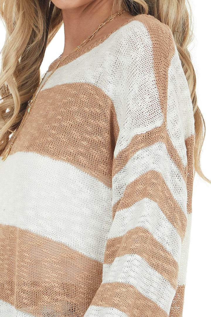 Ivory and Camel Striped Loose Knit Lightweight Sweater 