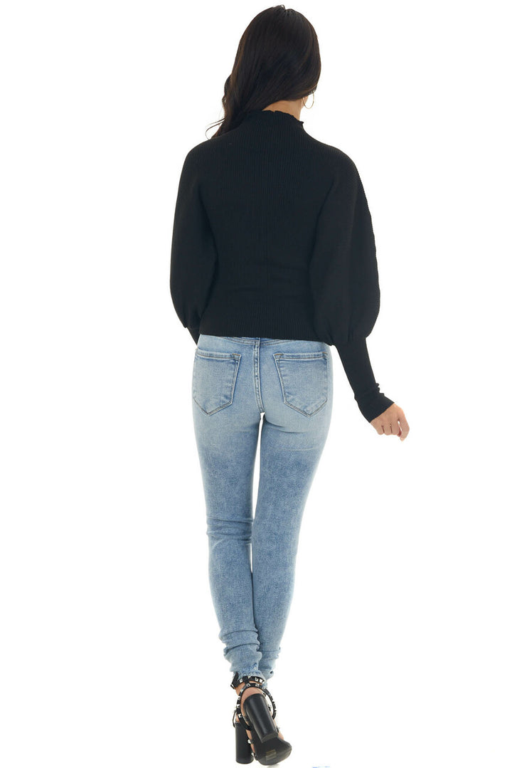 Black Ribbed Knit Sweater with Puff Sleeves