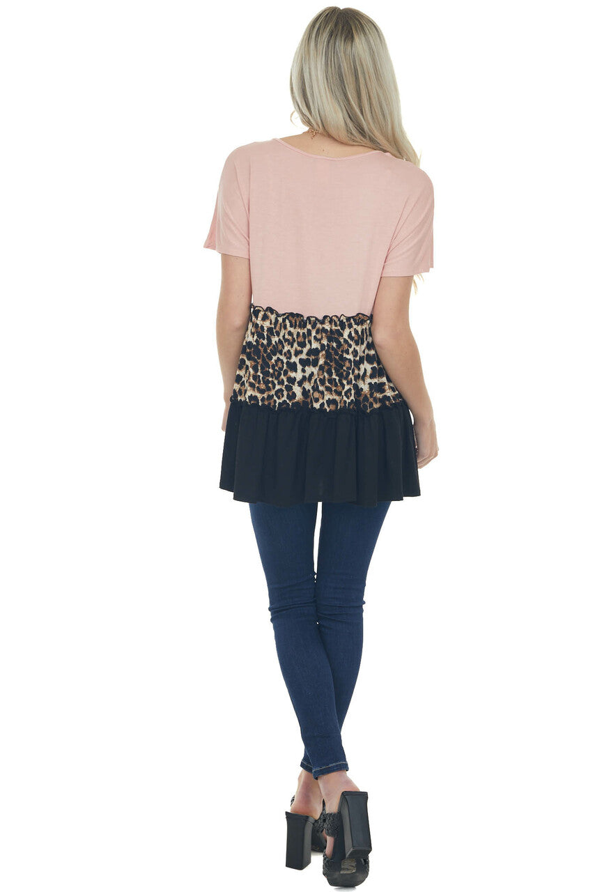 Blush and Leopard Print Colorblock Stretchy Knit Tunic Top