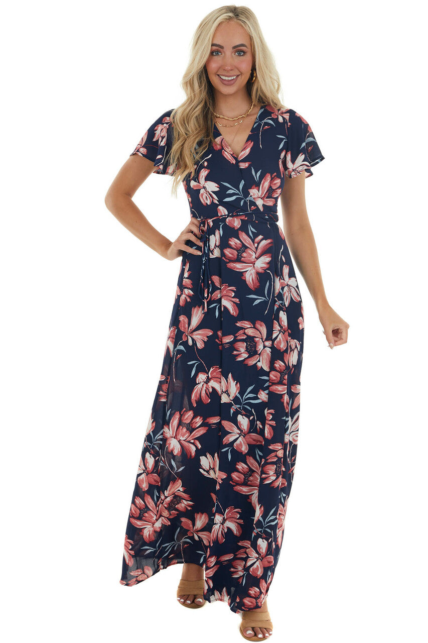Navy Floral Print Wrap Maxi Dress with Tie & Lime Lush