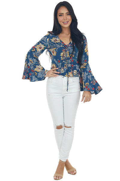 Navy Floral Print Blouse with Long Sleeves