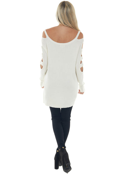 Ivory Ribbed Knit Sweater with Cut Out Sleeves 