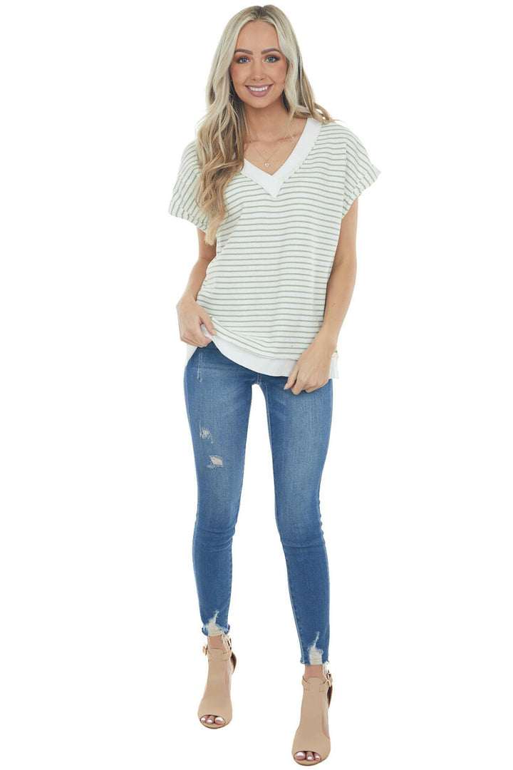 Sage and Ivory Striped V Neck Waffle Knit Top 