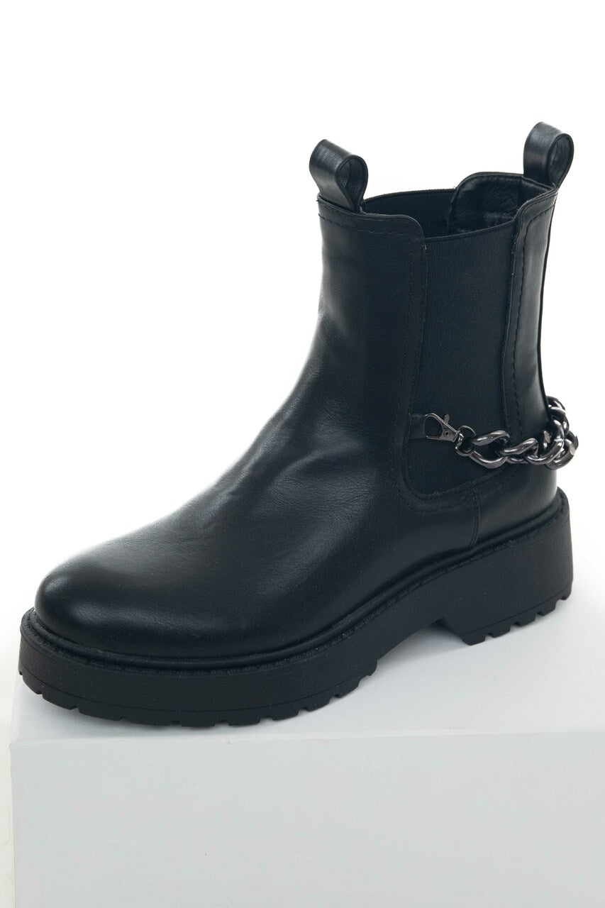 Black Faux Leather Lug Boots with Chain Detail