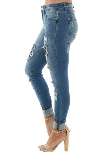 Medium Wash Distressed Skinny Jeans with Leopard Print Patch
