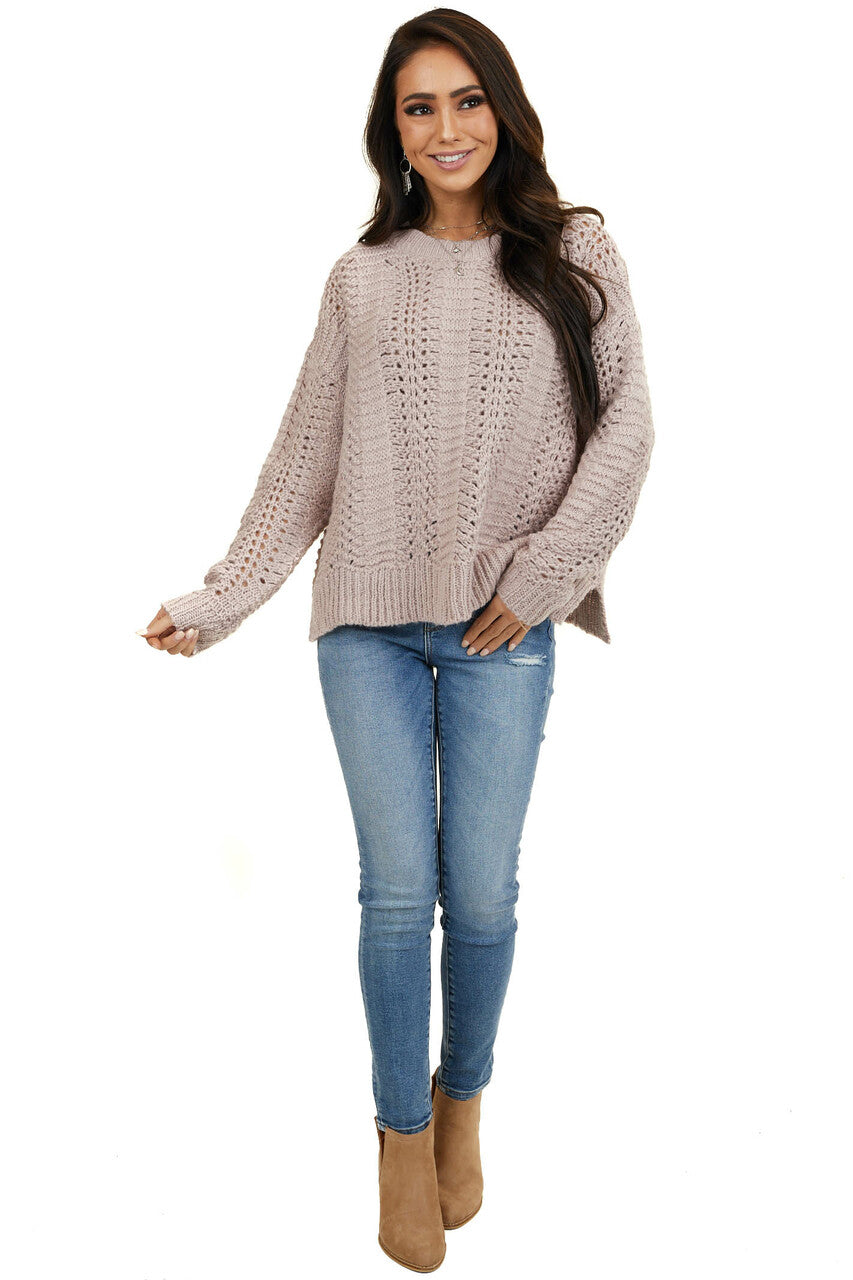 Light Mauve Loose Knit Fuzzy Sweater with Ribbed Trim