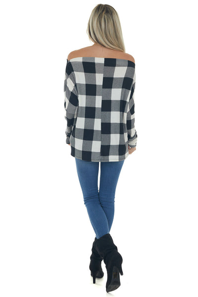 Black Buffalo Plaid Off Shoulder Knit Top 