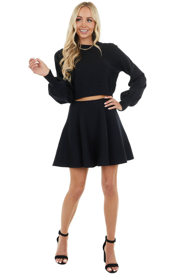 Black Cropped Knit Sweater Top with Long Bubble Sleeves