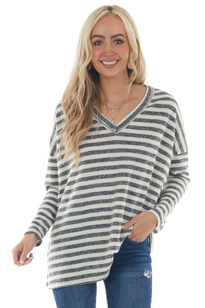 Ivory and Charcoal Striped Oversized Knit Top