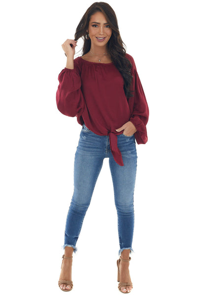 Maroon Bubble Sleeve Blouse with Tie Detail 