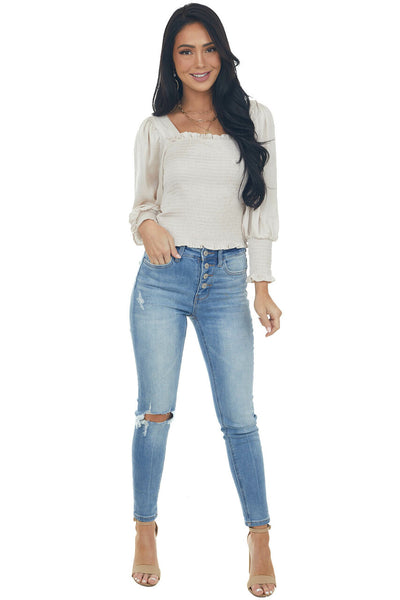 Eggshell Long Bubble Sleeve Smocked Blouse with Tie Detail