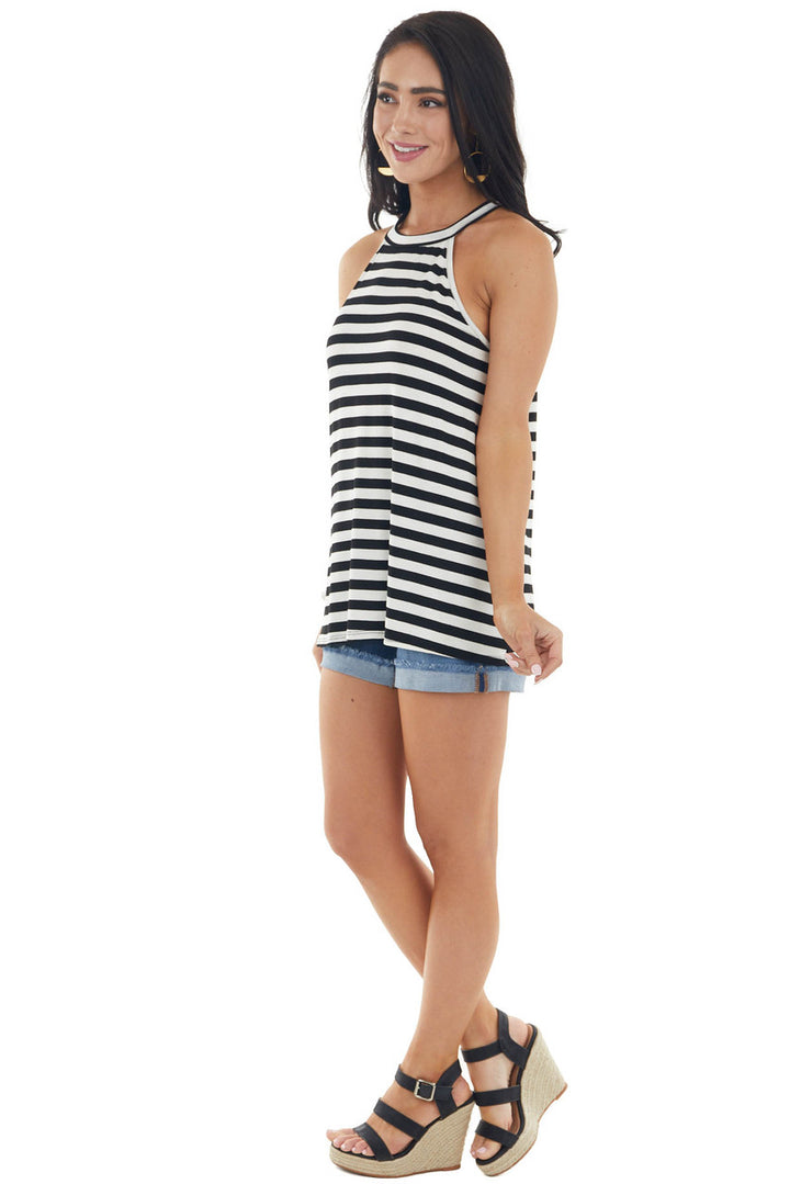 Black and Off White Striped Knit Tank Top with Halter Neckline 
