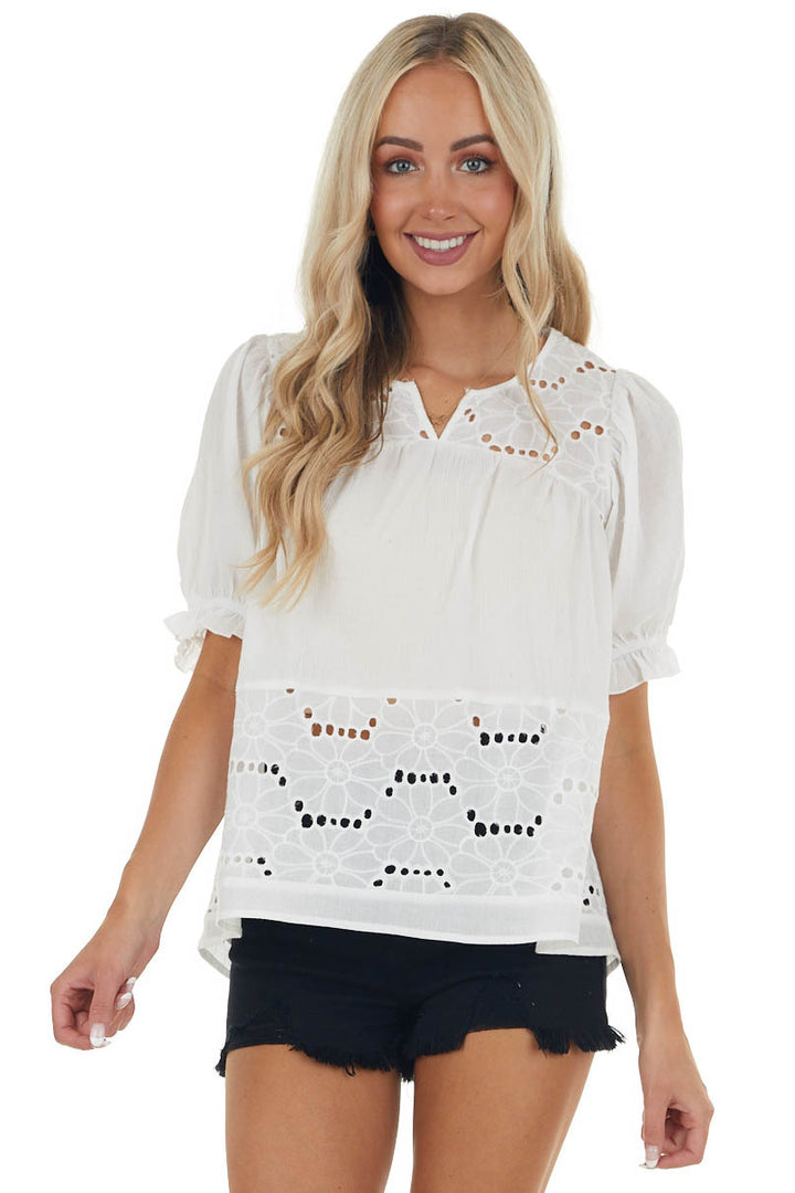 Off White Split Neck Blouse with Eyelet Lace
