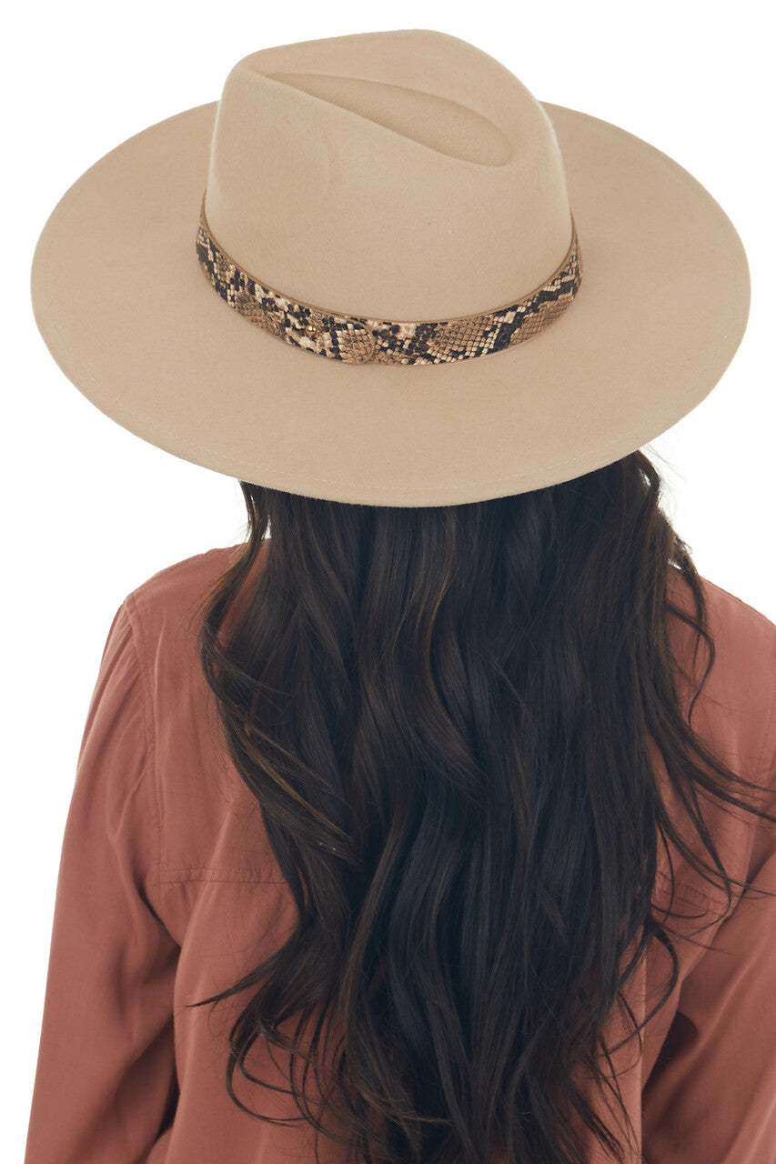 Latte Wide Brim Wool Hat with Faux Snakeskin Trim Detail