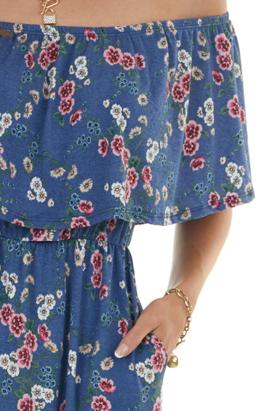 Off the Shoulder Navy Floral Print Maxi Dress