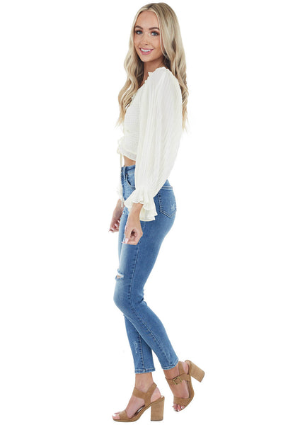 Cream Smocked Crop Top with Long Sheer Bubble Sleeves
