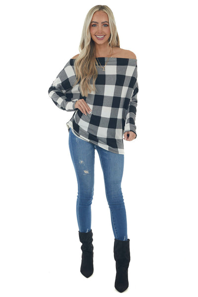 Black Buffalo Plaid Off Shoulder Knit Top 