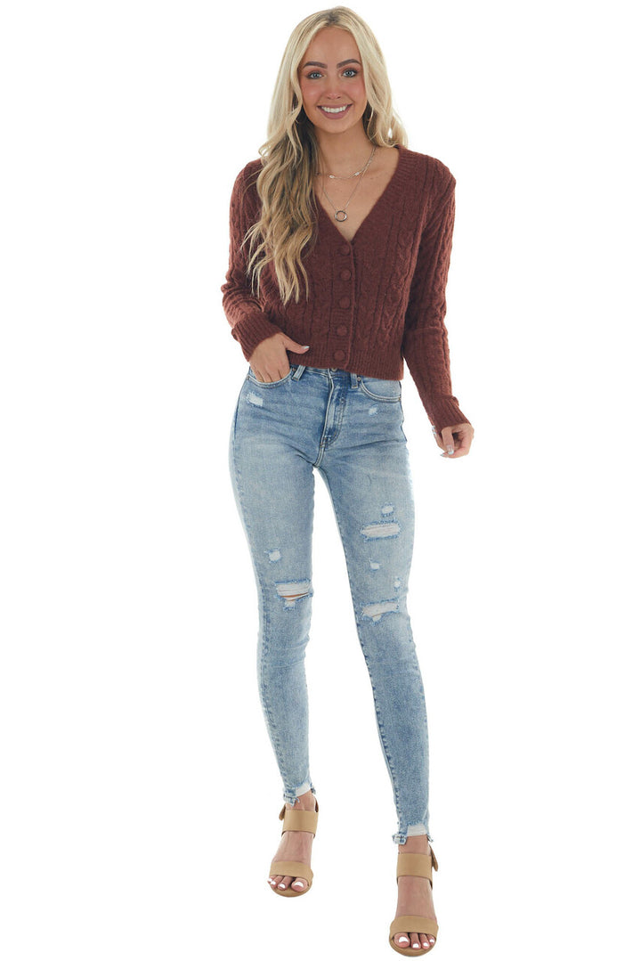 Sangria Button Up Fuzzy Cable Knit Cardigan