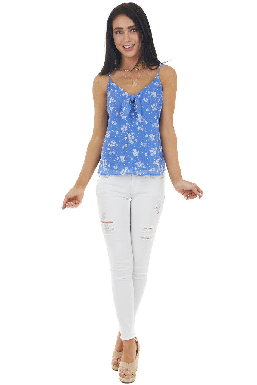 Cornflower Floral Print Sleeveless Blouse with Tie Detail 