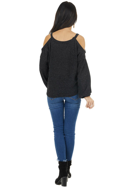Charcoal Two Tone Long Sleeve Knit Top with Cold Shoulders
