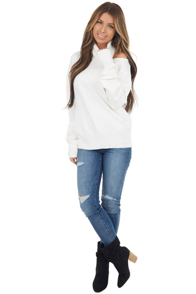Off White Turtleneck Knit Top with Single Shoulder Cutout