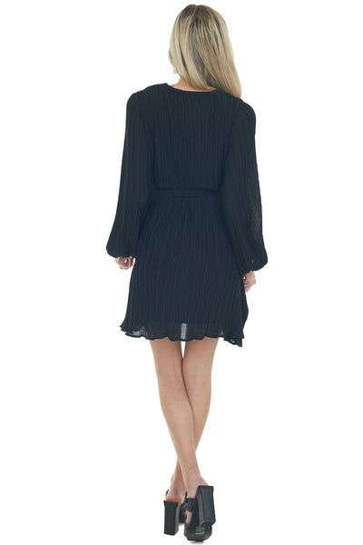 Black Pleated Surplice Neck Waist Tie Dress