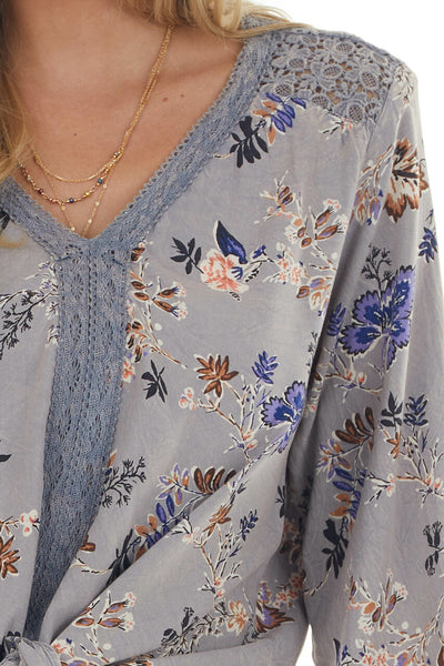 Slate Blue Floral Long Sleeve Front Tie Blouse