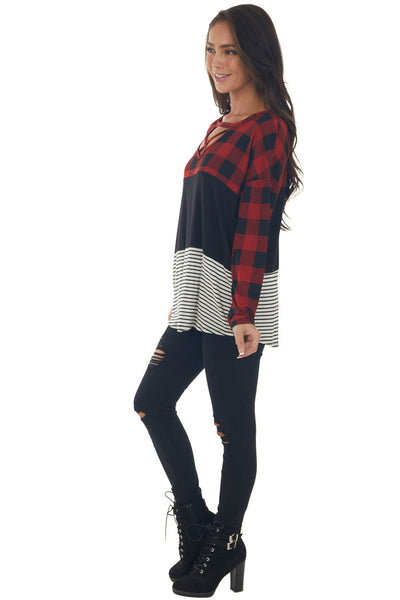 Cherry Buffalo Plaid Multiprint Strappy Top