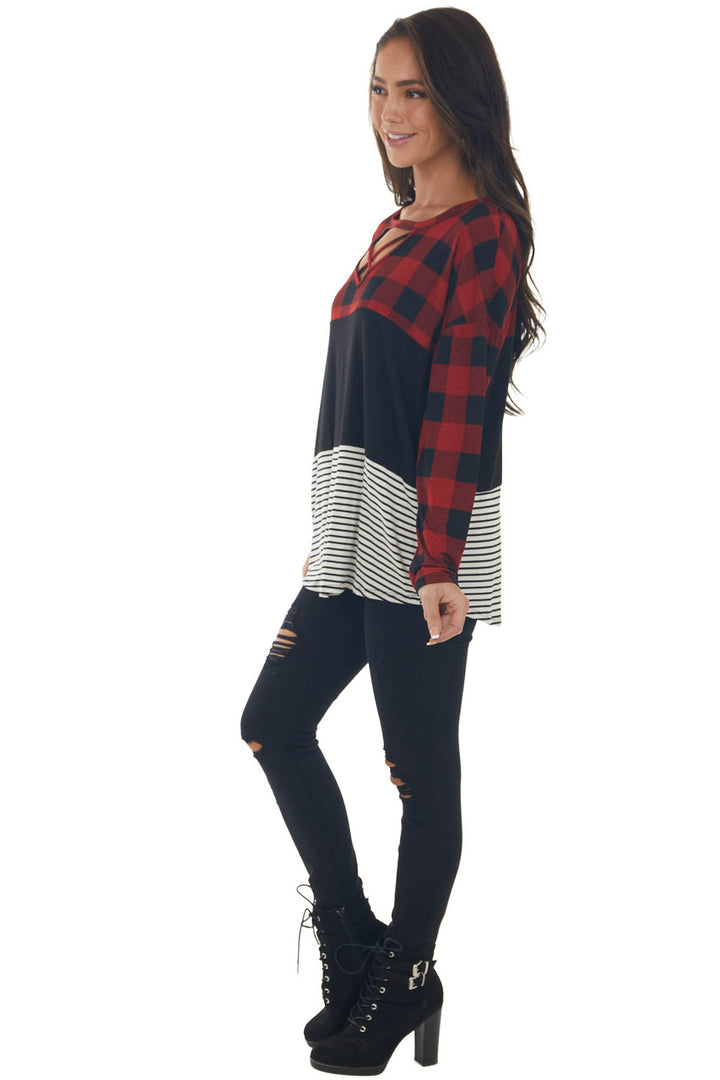 Cherry Buffalo Plaid Multiprint Strappy Top