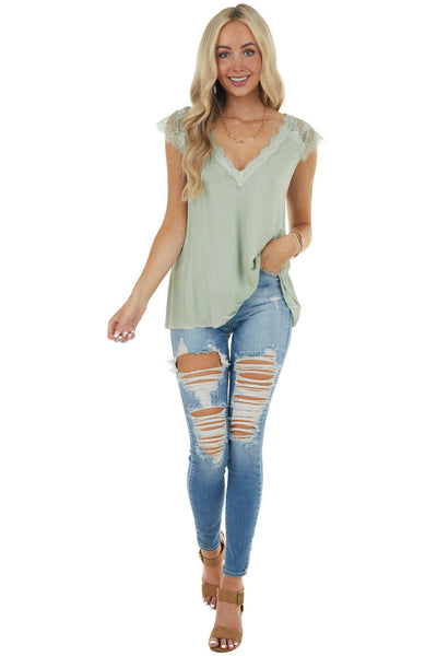 Sage Cap Sleeve Loose Knit Top with Crochet Lace Detail 