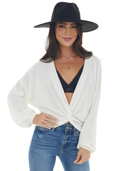 Ivory Deep V Neck Knit Top with Twist Detail