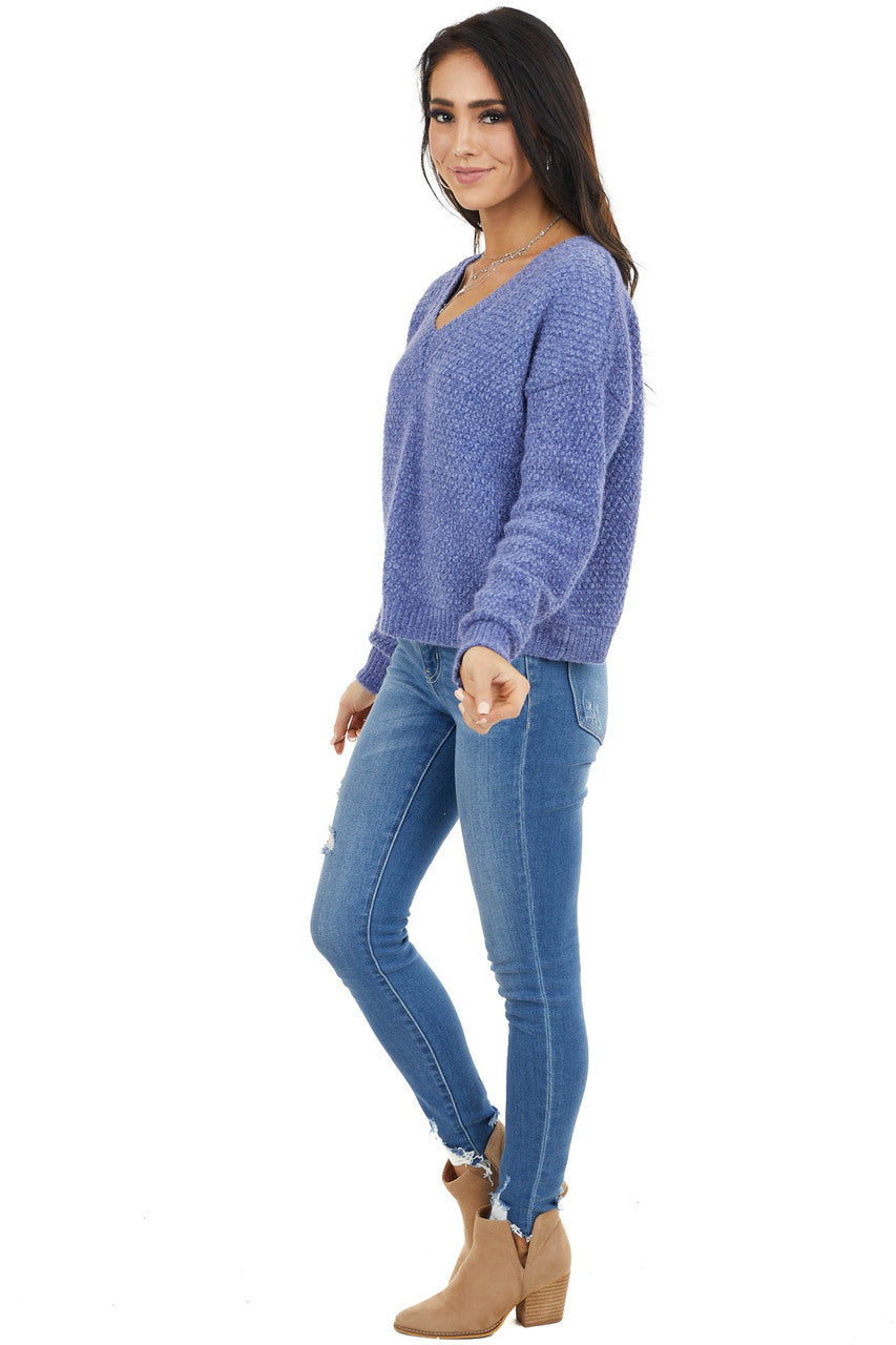 Dusty Blue Two Tone Slightly Cropped Sweater with V Neck
