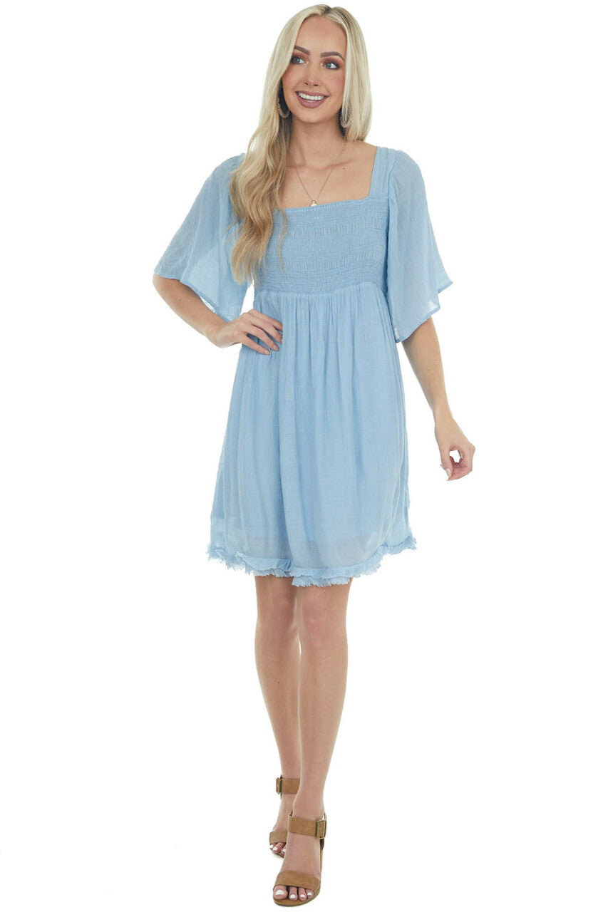 Powder Blue Babydoll Short Dress with Flutter Sleeves