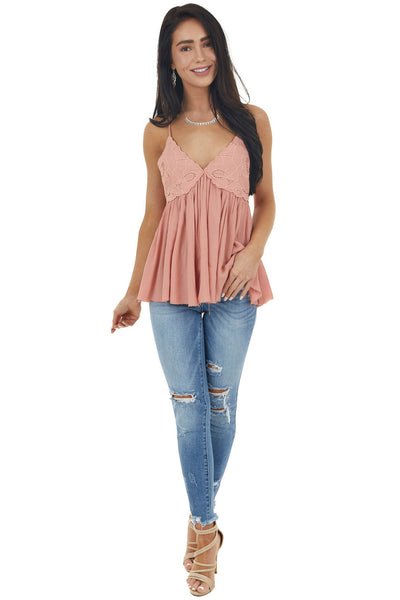 Peach Lace Sleeveless Babydoll Top with Crisscross Straps